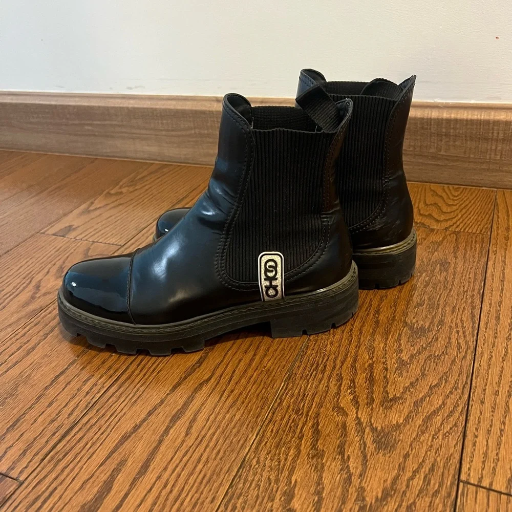 Black Glossy Leather Ankle Boots with Chunky Sole